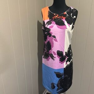 Worthington scuba fabric colorblock  black floral overlay sheath dress. Small